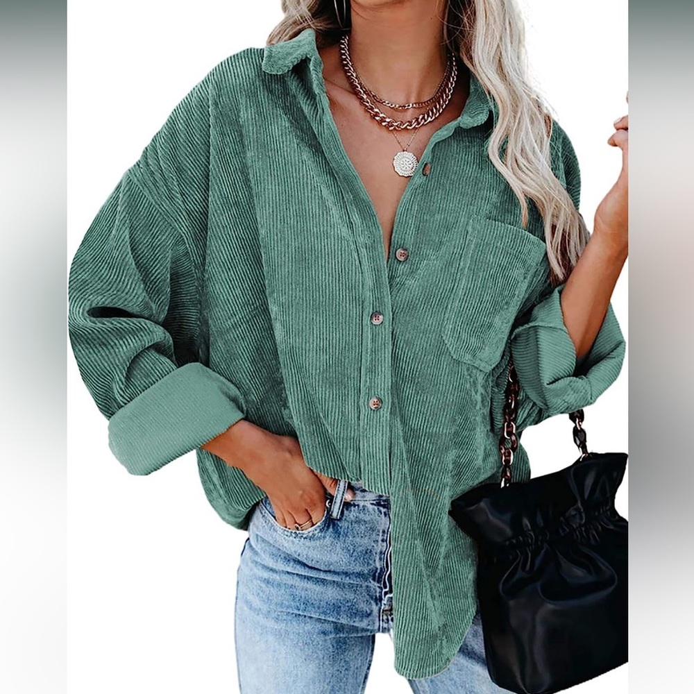 Astylish Women Corduroy Shirts Casual Long Sleeve Button Down Blouses Top